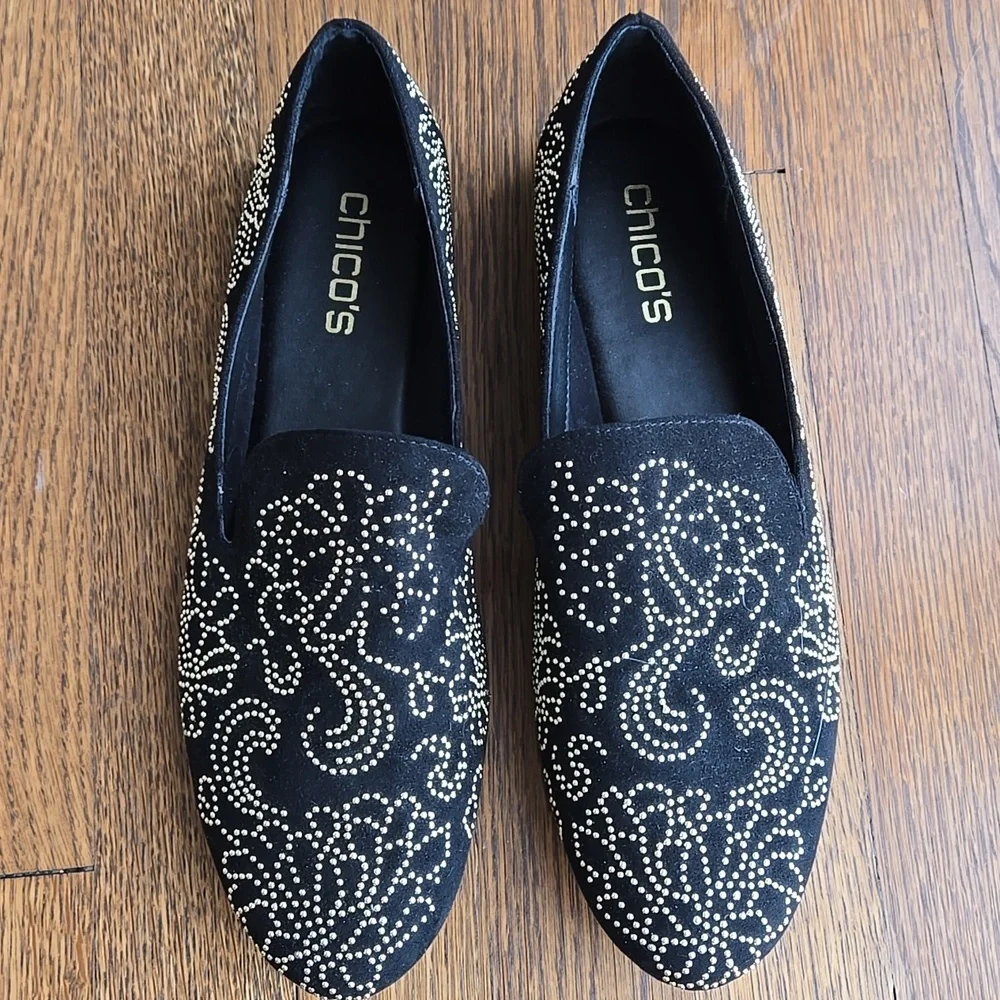 Chico's Gwyn Art Deco Beaded Flats Black Gold 9.5